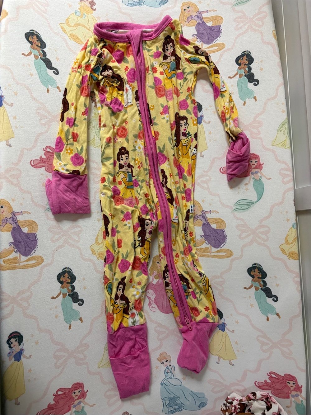 Disney Yellow & Pink Belle Kids Footed One-Piece Pajama